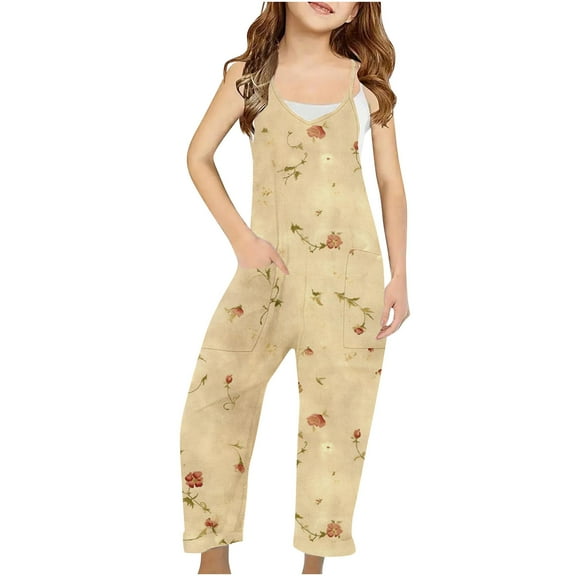 Little Kid Cotton Linen Bloomer Jogger Pants Full Length Pants Overalls Girls Casual Jumpsuits Sleeveless Summer Rompers Long Pants with Pockets for 5-14 Years Multicolor 5 Years