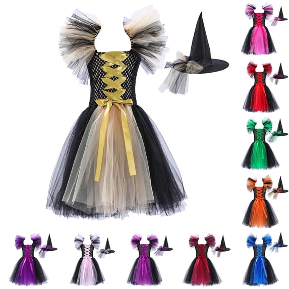 Little Kid Dress Halloween Gift for Girl Dresses Toddler Kids Baby Girls Magnificent Witch Halloween Black Gown With Hat Fancy Tutu Dress Up Cosplay Party Dresses E 6 Years