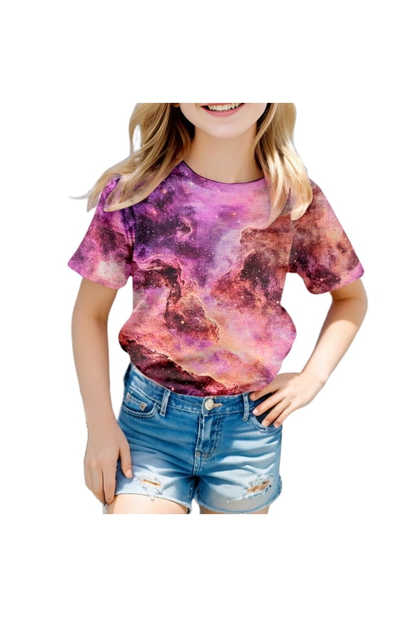 Little Kid Galaxy Shirt Girl's Short Sleeve Crew Neck Fancy T Shirt Top Teenager Girls 3D Print Glitter Tops For Carnival Girls Printed Tops Top for Teen Cute Clothes Big 6-7 Years Purple