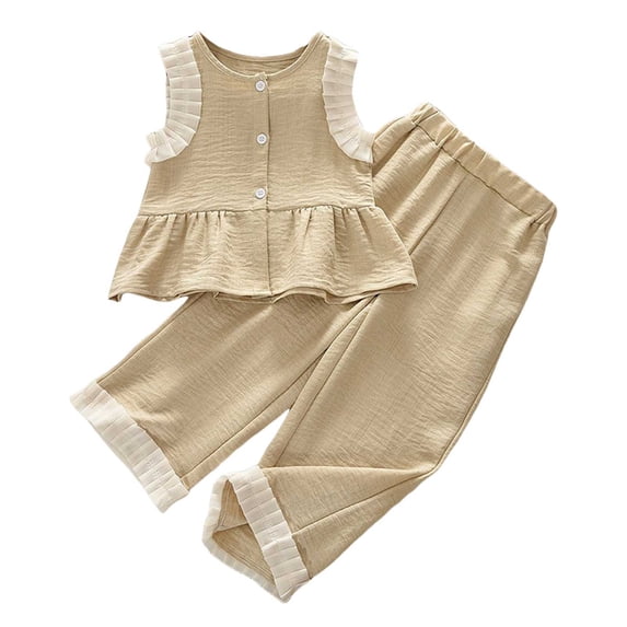 Little Kid Girl's 2 Piece Outfits Sleeveless Rib Knit Sleeveless Cropped Tank Tops Shorts Set Toddler Kids Girl Tracksuit Ribbed Summer,Khaki