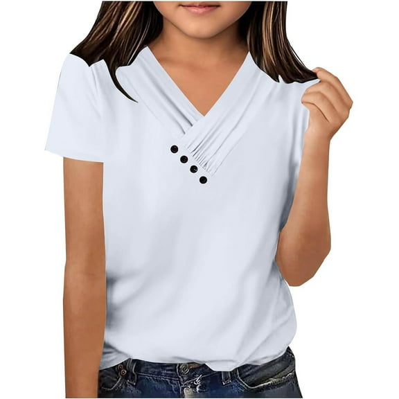 Little Kid Girls Casual Short Sleeve V Neck T Shirt Pure Color Ruffled Button Top For Everyday Wear School Outdoor Spring Summer 6x Shirts Girls 2t Shirts Summer 5 Girl 9 10 5-6 Years White