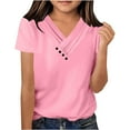 thumbnail image 1 of Little Kid Girls Casual Short Sleeve V Neck T Shirt Pure Color Ruffled Button Top For Everyday Wear School Outdoor Spring Summer Girls Christmas Long Sleeve Tops Teenage Girl Tops 5-6 Years Pink, 1 of 6