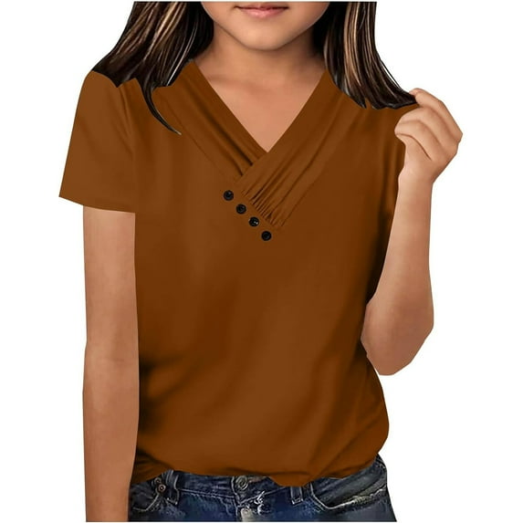 Little Kid Girls Casual Short Sleeve V Neck T Shirt Pure Color Ruffled Button Top For Everyday Wear School Outdoor Spring Summer Ruffle Girl Clothes Its Not A Food Baby Youth 7-8 Years Brown