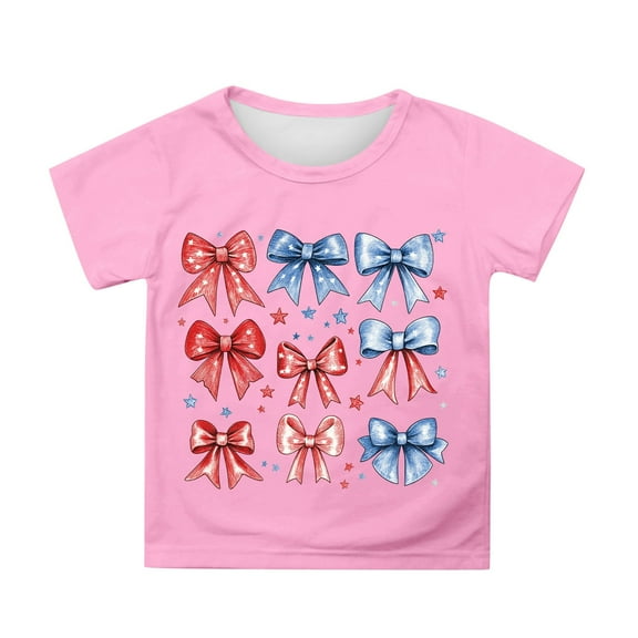 Little Kid Girls Casual Tops Short Sleeve Tee With Independence Day Print Comfortable Round Neck Blouse For Everyday Wear And Party Outfits Girl Clothes 18-24 Months Youth Girls 6-7 Years Pink