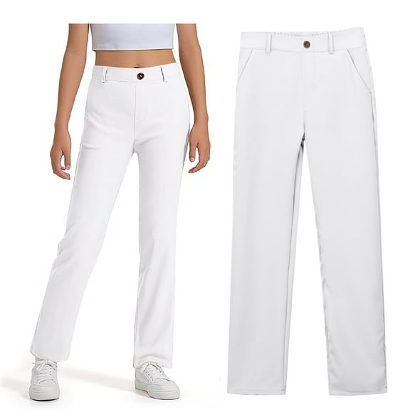 Little Kid Girls' School Uniform High Waisted Bootcut Pants, Elastic Waistband with Button Closure, Twill Material White 5-6 Years