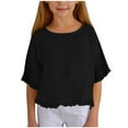 thumbnail image 1 of Little Kid Girls Shirt And Linen Half Sleeved Ruffled Girls Fashionable Round Neck T Shirt Solid Color Loose Casual T Suitable For 5 15 Years Old Top for Baby Girl Ling Sleeve 5-6 Years Black, 1 of 5