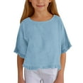 thumbnail image 1 of Little Kid Girls Shirt And Linen Half Sleeved Ruffled Girls Fashionable Round Neck T Shirt Solid Color Loose Casual T Suitable For 5 15 Years Old Top for Baby Girl Ling Sleeve 5-6 Years Blue, 1 of 5