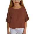 thumbnail image 1 of Big Kid Girls Shirt And Linen Half Sleeved Ruffled Girls Fashionable Round Neck T Shirt Solid Color Loose Casual T Suitable For 5 15 Years Old Top for Baby Girl Ling Sleeve Thin 14-15 Years Brown, 1 of 5