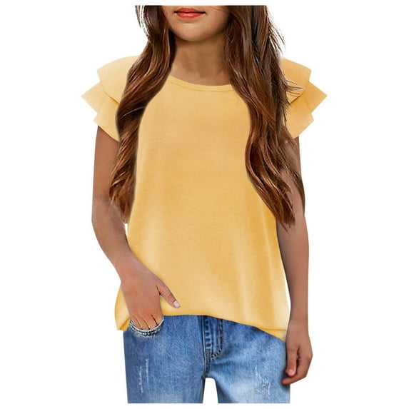 Little Kid Girls' T Shirts Wavy Sleeves Summer Crew Neck Short Sleeve Tops Casual Fashion Plain T Shirt For Girls Crop Top for Tween Girls Size 6 Birthday Girl 4t Dress Shirt 7-8 Years Yellow