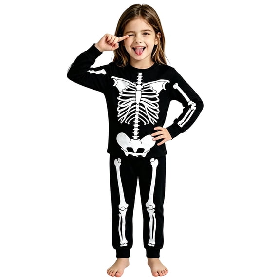 Little Kid Halloween Outfit Girls Halloween Skeleton Long Sleeve Soft Cosy Two Piece Set Black 3-4 Years