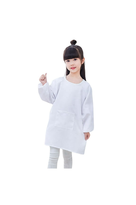 Little Kid Kid Art Smock Solid Color With Pocket Apron For Children Printed Artist Painting Aprons Smocks With Long Sleeve Crop Top Baby Girl Full Sleeves Tops Loose Girl Toddler 4-8 Years White