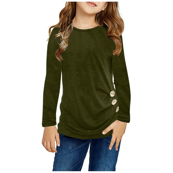 Little Kid Kids Girls Casual Tunic Tops Knot Front Button Long Sleeve Casual Loose Crewneck Blouse T-Shirt Tee Girls Tees And Tops Long Sleeve for Kids Girl Tees And Nice Short 6-7 Years Green
