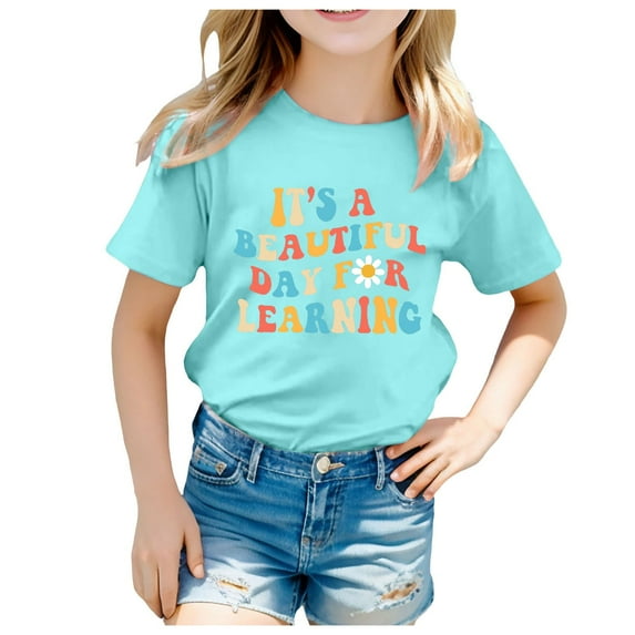 Little Kid Kids School Season Back To School Season Printed Casual Short Sleeve Top T Shirt Girls Mint Top Cute Tops for Teen Girls off The Shoulder Winter Tops Size 12 Age 8 Big 4-5 Years Green