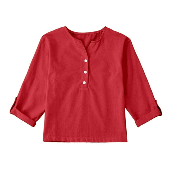 Little Kid Linen Shirts For Girl 3/ 4 Sleeve V Neck Blouses Buttons Loose Fit T Shirts Solid Color Summer Holiday Tops like A Girl Top Teenage Tops And Blouses Girls 5t Long 6-7 Years Red