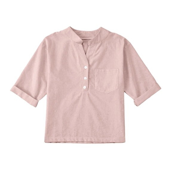 Little Kid Linen Shirts For Girl 3/ 4 Sleeve V Neck Blouses Buttons Loose Fit T Shirts Solid Color Summer Holiday Tops Mesh Tube Top for Girls Girls Tops Size 5 Baby Girl Color 6-7 Years Red