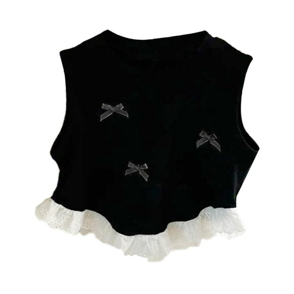 Little Kid Spring/ summer Girls Bow Short Vest Style Baby Lace Lace Patchwork Sleeveless Top Trend Baby Girl Ballet Top Girls Hop Crop Cute Shirts 8 5t Clothes Flare Sleeve 3-4 Years Black