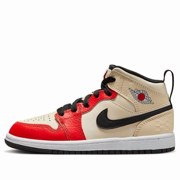 Little Kid's Jordan 1 Mid SS Muslin/Chile Red-Black-White (DV7010 100) - 2
