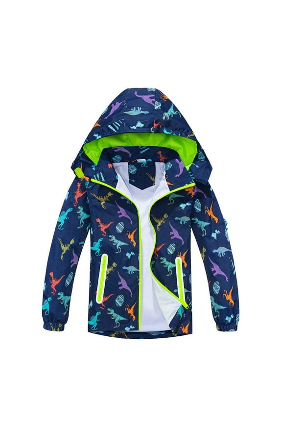 Little Kids Dinosaur Print Breathable Hooded Jacket Boys Outdoor Windproof Raincoat Zipper Coat All Seasons Clothing Navy Size 5-6T