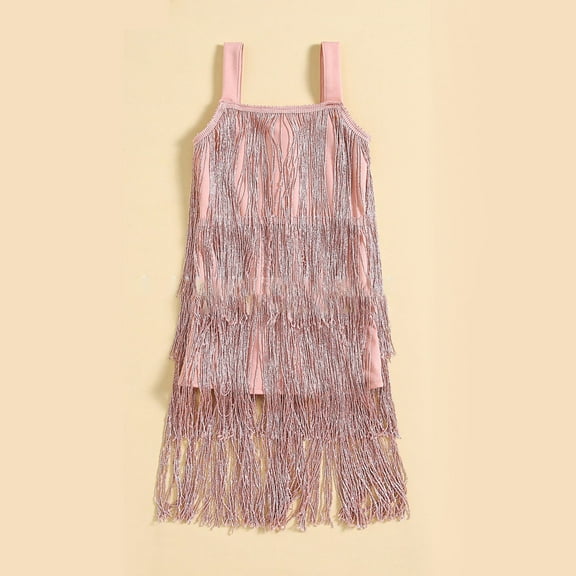 Little Kids Girls Sparkly Tassels Dress Sleeveless Square Neck Sequin Fringe Layer Zip Back Summer Party Latin Dresses