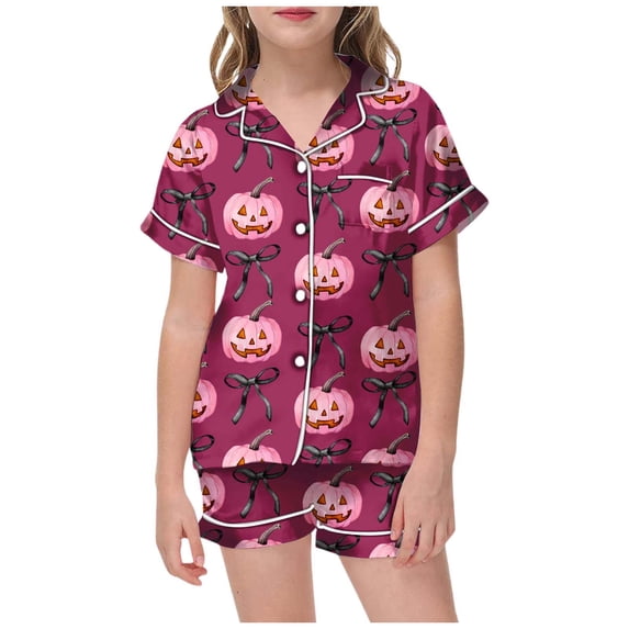 Little Kids Halloween Two-Piece Outfit Bowknot Pumpkin Print Lapel Button Short Sleeve Tops And Shorts Nightwear Soft Lounge Sets Size 6-7T