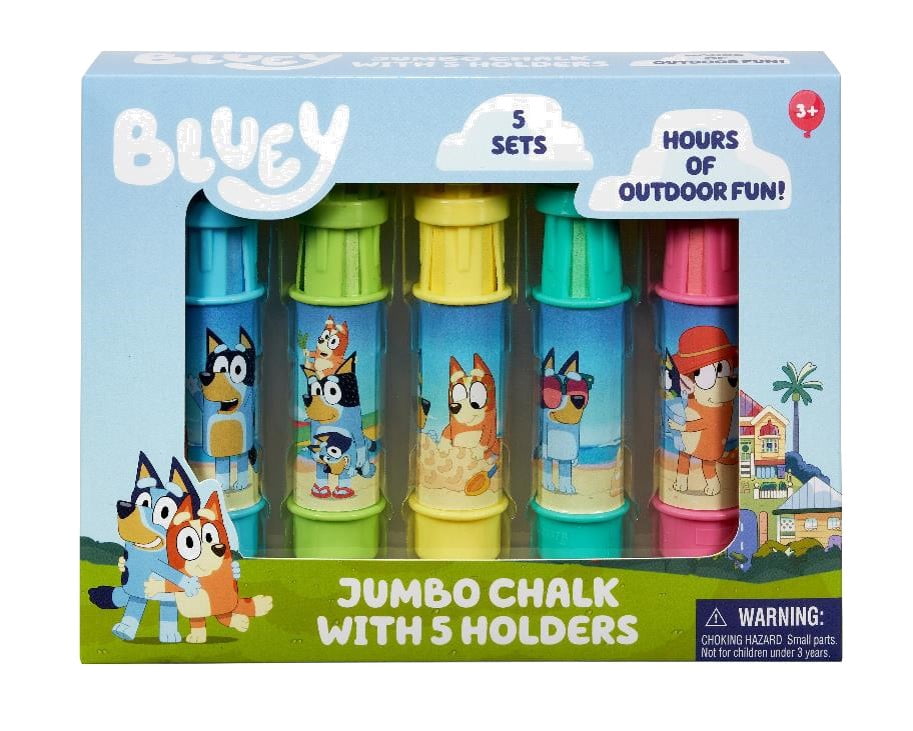 Little Kids Inc. Bluey 5 Piece Sidewalk Chalk & Chalk Holder Set. Ages 3 and up.
