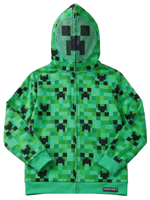 Little Kids' Minecraft Creeper Camo Face Zip-Up Costume Fleece Hoodie, Unisex, 5/6yrs