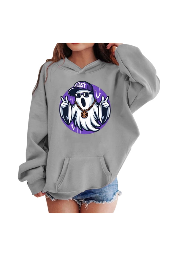 Little Kids Pumpkin Skeleton Bat Ghost Hoodie Boys Long Sleeve Sweatshirt Print Loose Fit Pullover Top Clothes Grey Size 7-8T