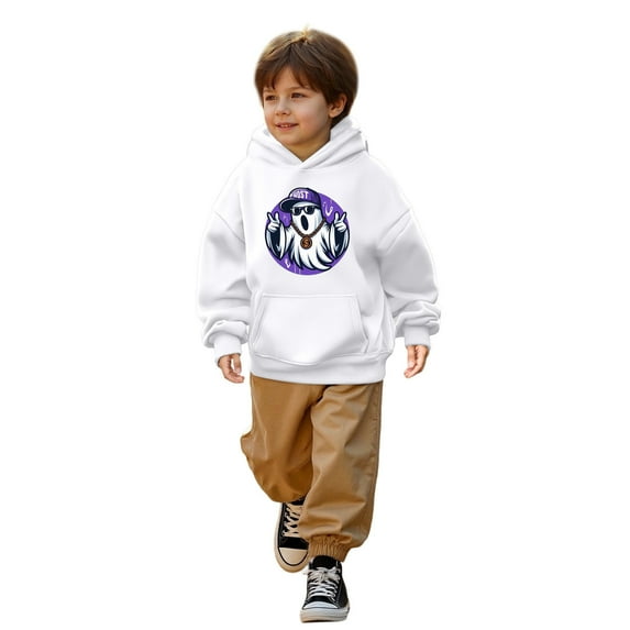 Little Kids Pumpkin Skeleton Bat Ghost Hoodie Boys Long Sleeve Sweatshirt Print Loose Fit Pullover Top Clothing White Size 5-6T