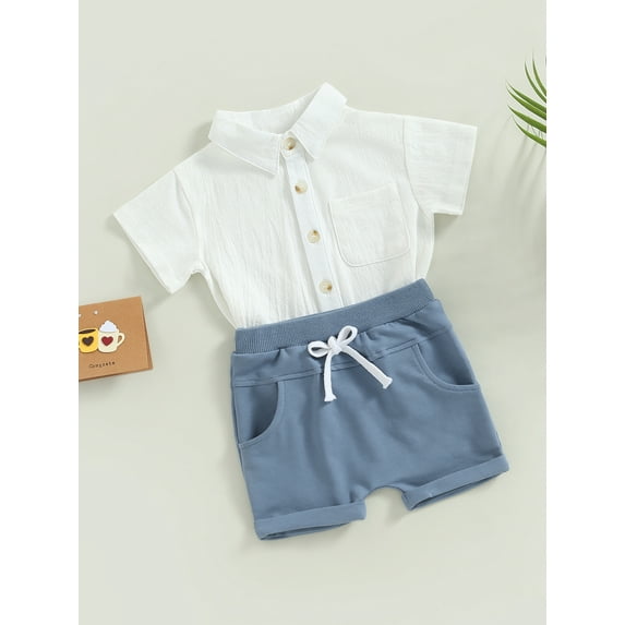 Little Kids Toddler Baby Boy Summer Outfits Short Sleeve Button Down Shirt Shorts Set 2 Piece Casual Clothes (White Blue, 2-3 Years)