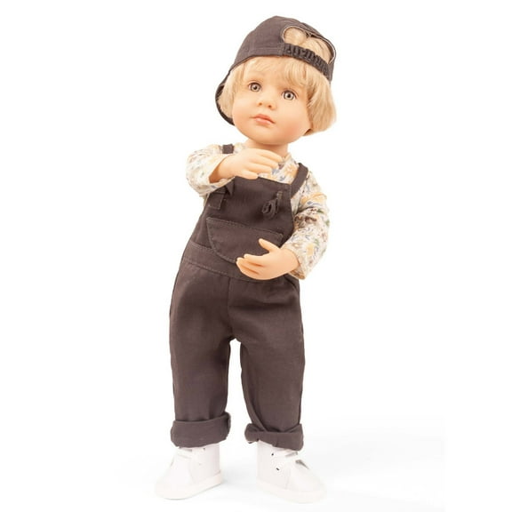 Gotz: Little Kidz: Max - 14" Standing Poseable Boy Doll, Brown Denim Overalls & Cap, White Sneakers, Blonde Hair, Hard Body, Collectible Toy, Kids 3+