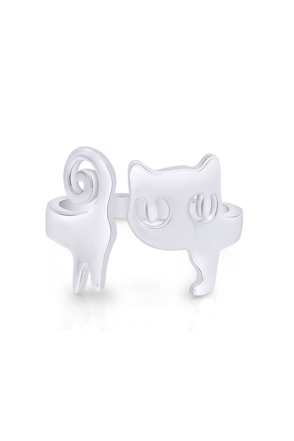 Little Kitten Cat Open Ring In 14K White Gold Over Sterling Silver
