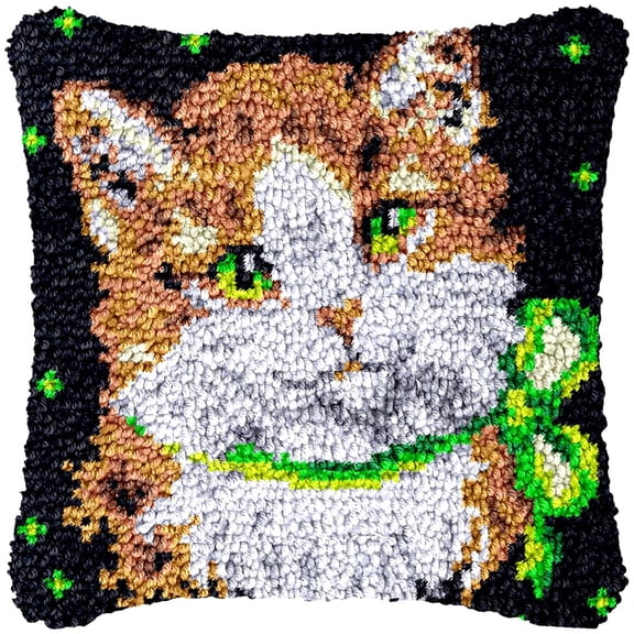 Little Kitten Latch Hook Kits Pillow Cover DIY Rug Making Crochet Hook Cushion Making Kits with Preprinted Pattern Canvas DIY Needlework Crochet Kits Sofa Decor 43x43cm