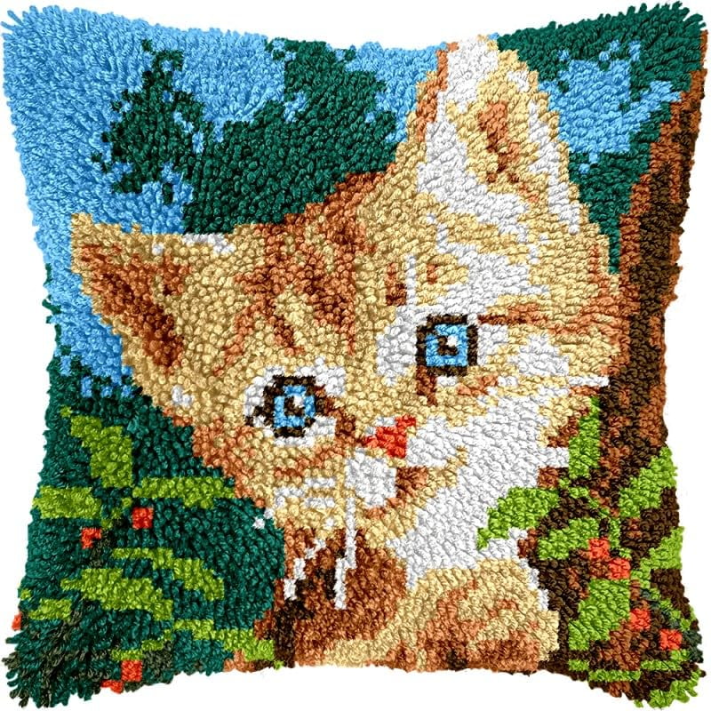 Little Kitten Latch Hook Pillows Kits Cushion Pillow Cover with Pattern Printed Canvas Sofa Hooking Pillowcase Crafts Embroidery Latch Hooking Crochet Kits Set 17x17 inch(1)