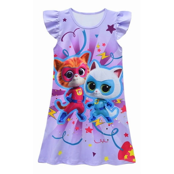 Little Kitties Girl Cat Pajama Dress Kids Cartoon Nightgown Summer Sleepwear Short Sleeve Cute Cat Print Nightshirt Soft Sleep Dress for Toddler Girl Bedtime Clothes