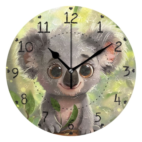 Little Koala Leaves Cartoon Round Wall Clock Silent Analog Battery Operated Black Pointer Home Decor 9.84" Diameter