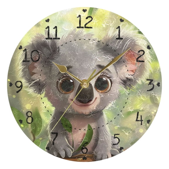 Little Koala Leaves Cartoon Round Wall Clock Silent Analog Battery Operated Gold Pointer Home Decor 9.84" Diameter