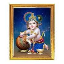 Little Krishna Religious Photo Frame Puja Room Temple Wall Hanging Gift Home Decor With Golden Lamination For Worship 7.8 X 11.4