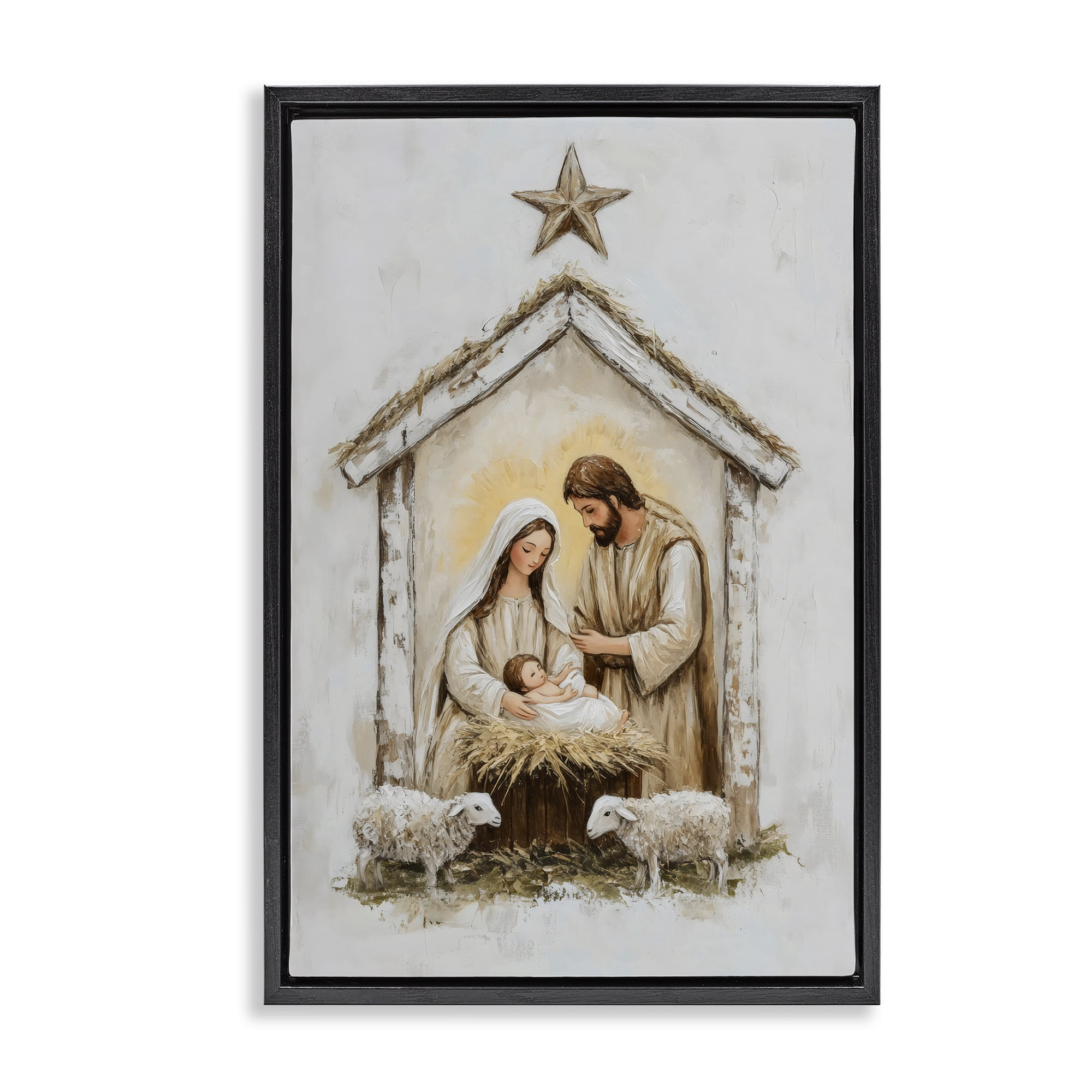 Little Lambs & Nativity Black Framed Floater Canvas Wall Art, design by Petal Prints Design