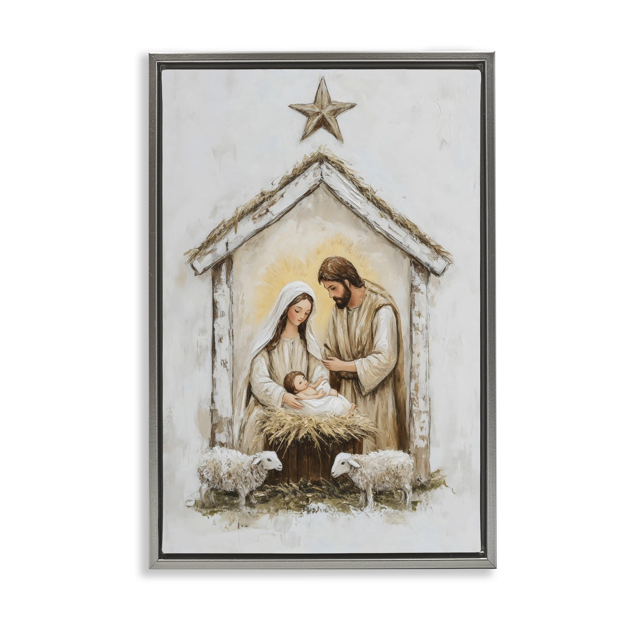 Little Lambs & Nativity Gray Framed Floater Canvas Wall Art, design by Petal Prints Design