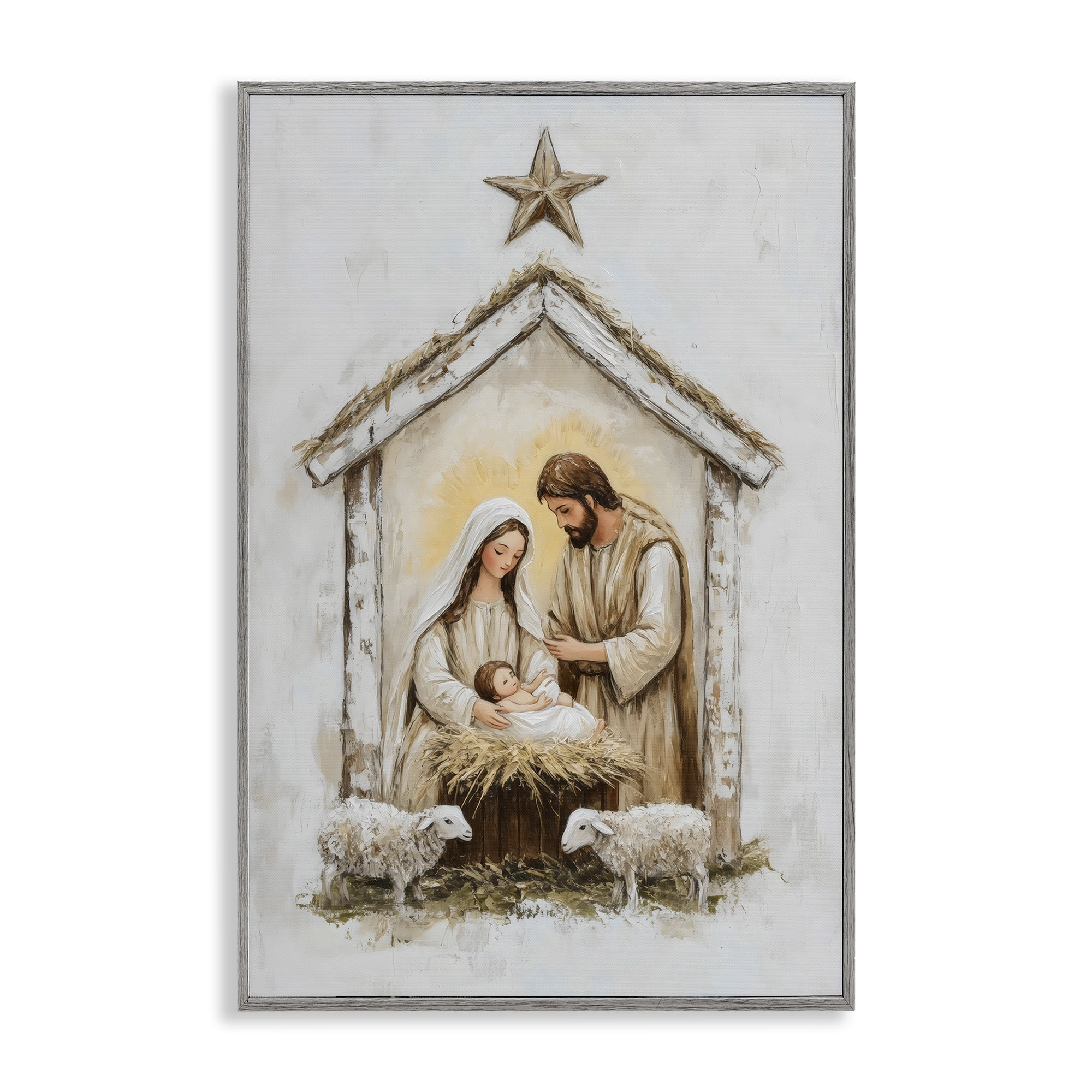 Little Lambs & Nativity Gray Framed Giclee Art, design by Petal Prints Design