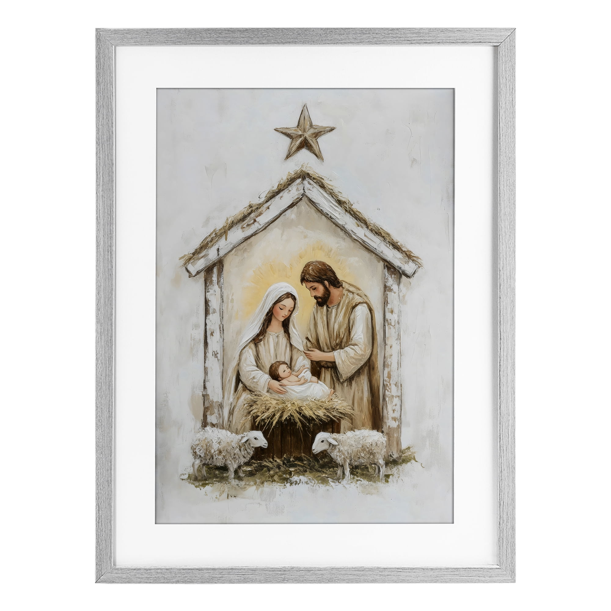 Little Lambs & Nativity Gray Framed Print Under Glass, design by Petal Prints Design
