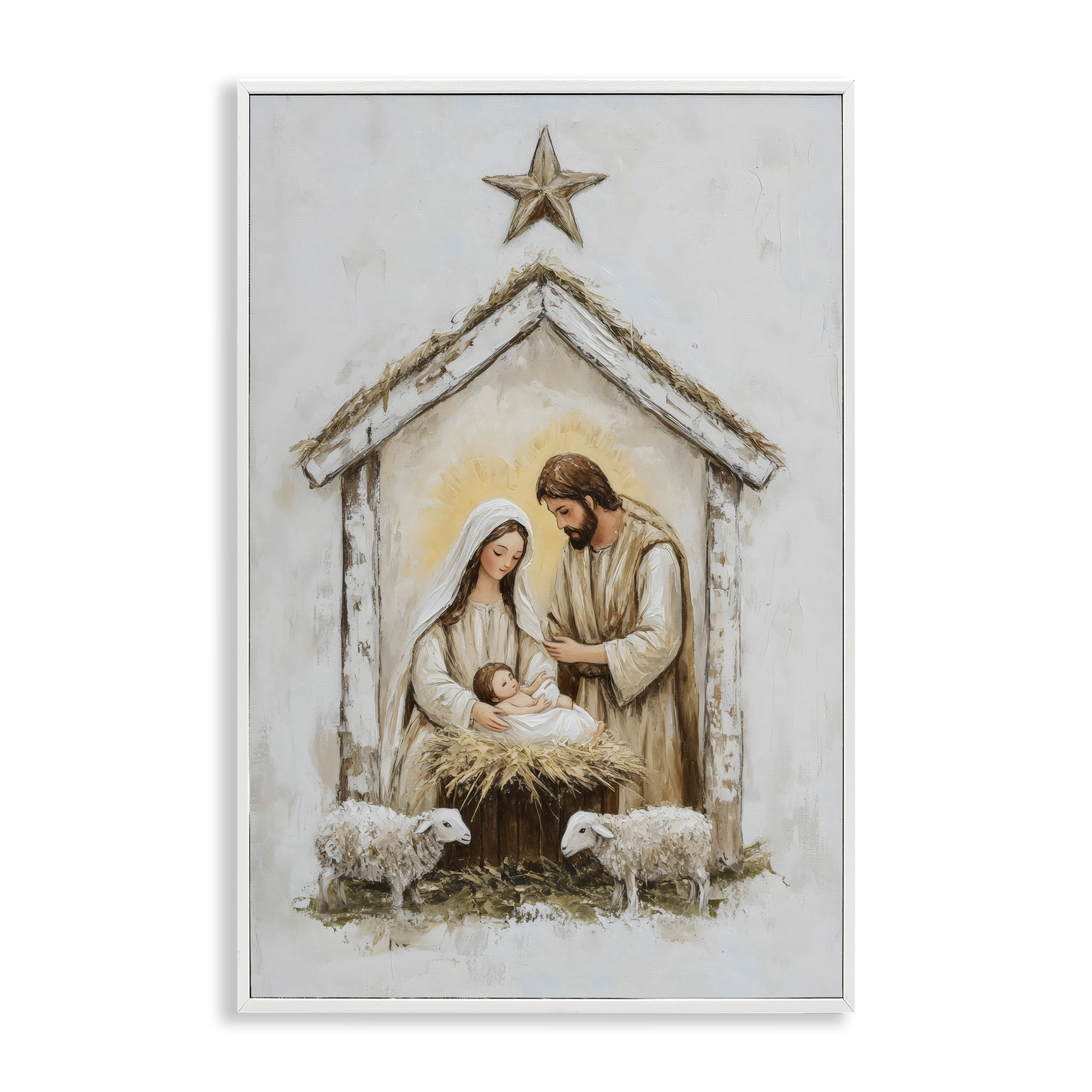 Little Lambs & Nativity White Framed Giclee Art, design by Petal Prints Design