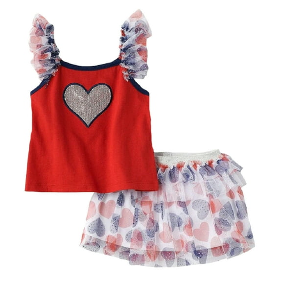 Little Lass Infant Girls Red White Blue Heart Shirt Skirt Set Outfit 24m