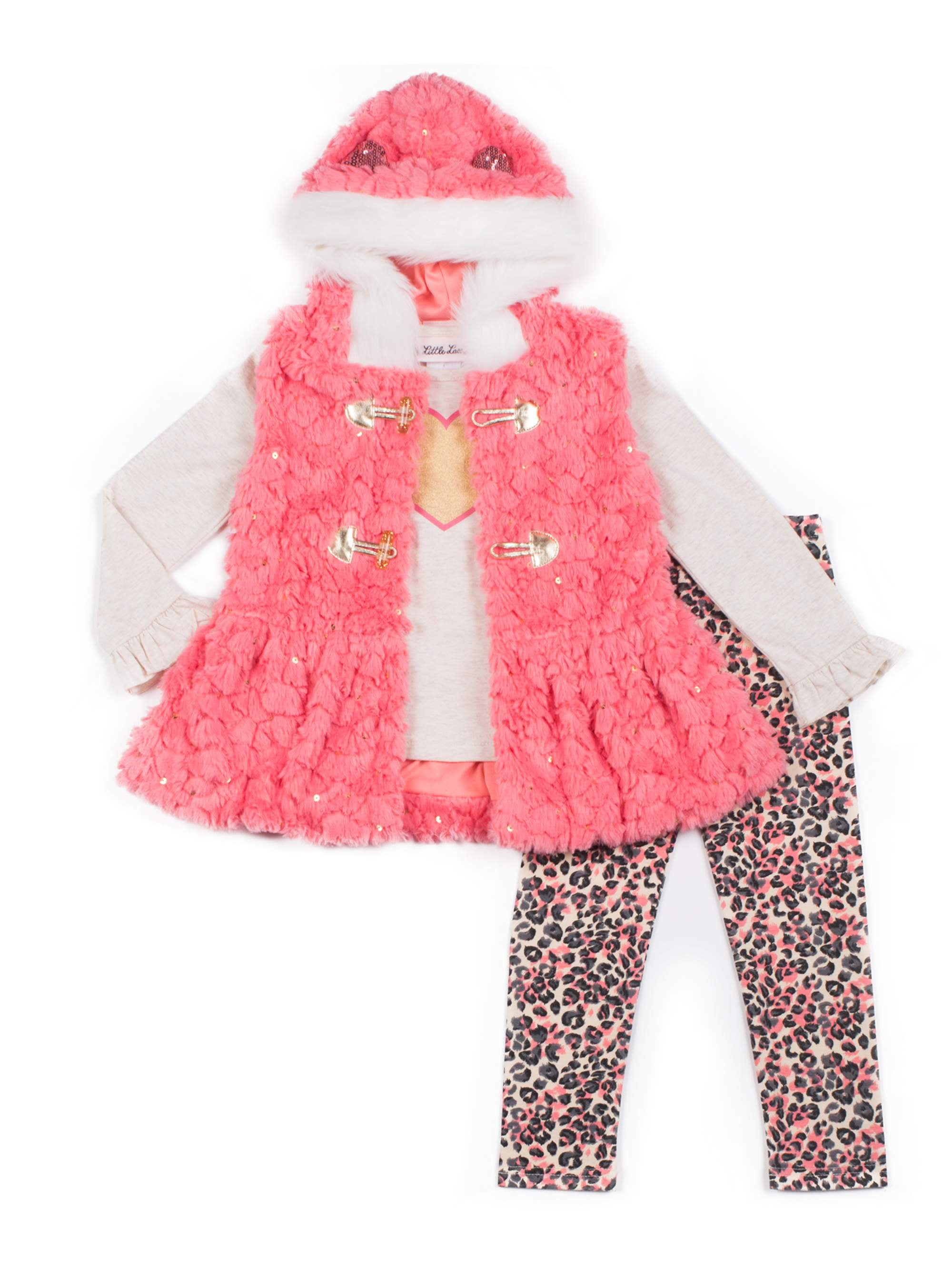 Little Lass Faux Fur Hooded Vest Long Sleeve Top Leggings 3pc