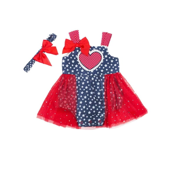 Little Lass Infant Girls Patriotic Baby Outfit Ruffle Star Romper & Headband 6-9
