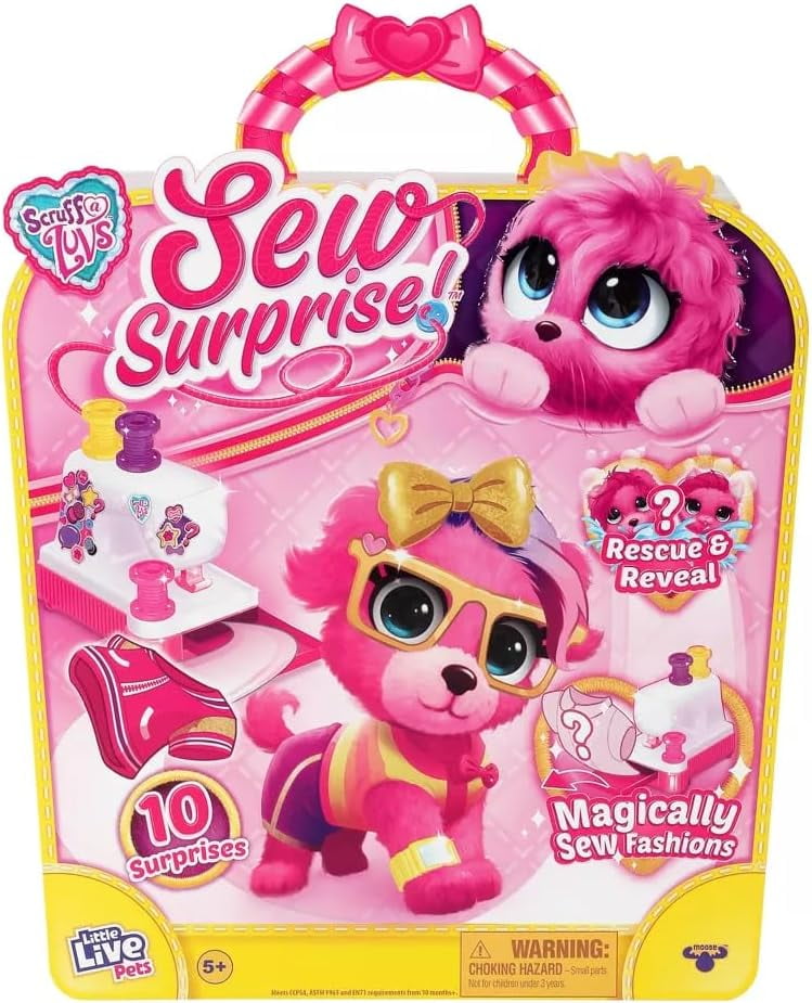 Little Live Pets | Scruff-a-Luvs Sew Surprise: Pink. Rescue, Reveal & Groom A Mystery Puppy Or Kitten. Reveal Outfits to Dress Your Pet with The Magic Sewing Machine - 3 Clothing i