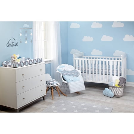 Little Love Happy Clouds 5pc Crib Set, Blue and Grey, Comforter, Two Sheets,Dust Ruffle, Wall Décor,Infant Boy