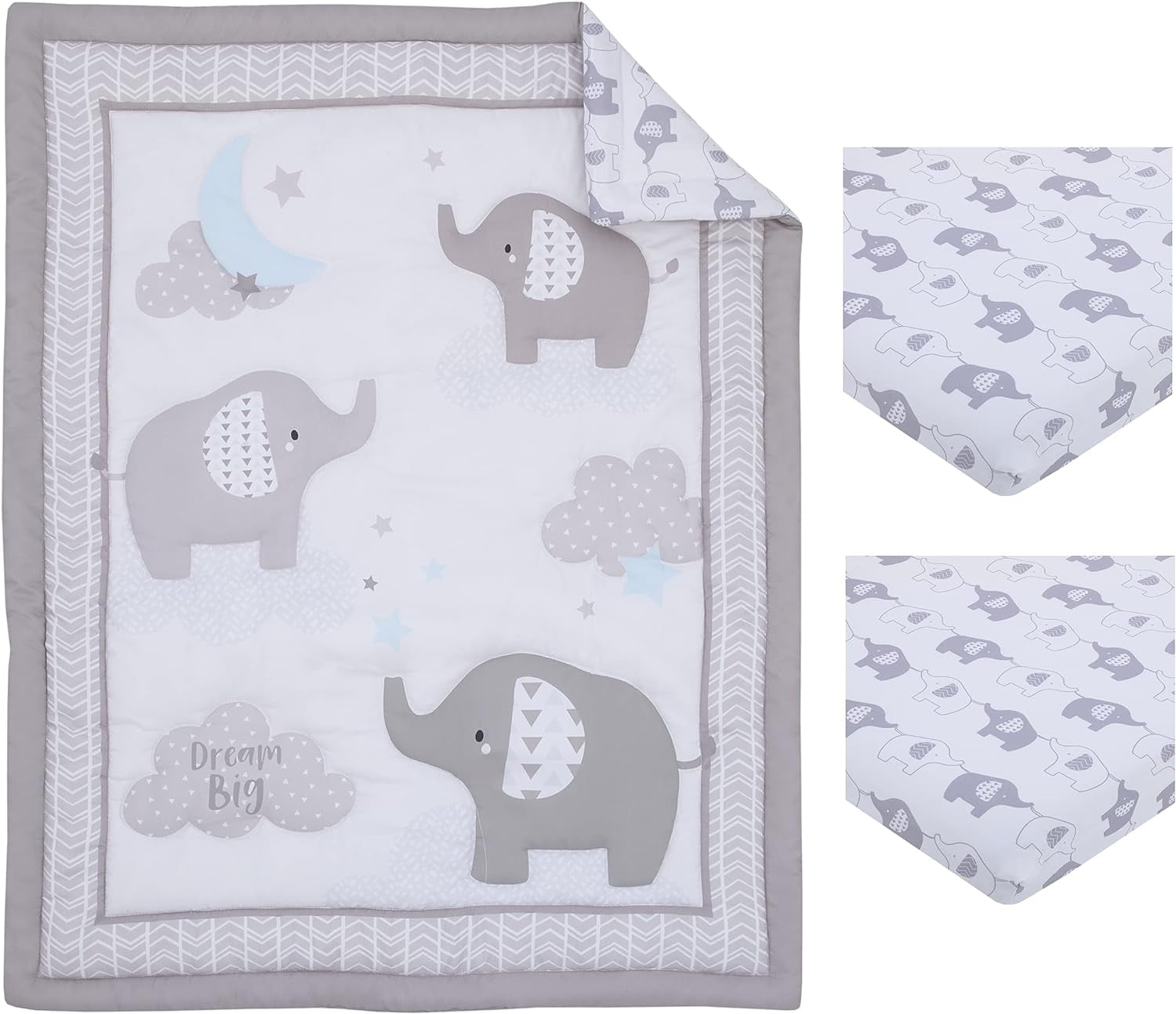 Little Love by NoJo Dream Big 3pc Mini Crib Set, Comforter, Two Fitted Sheets, Elephant design, Gray and White