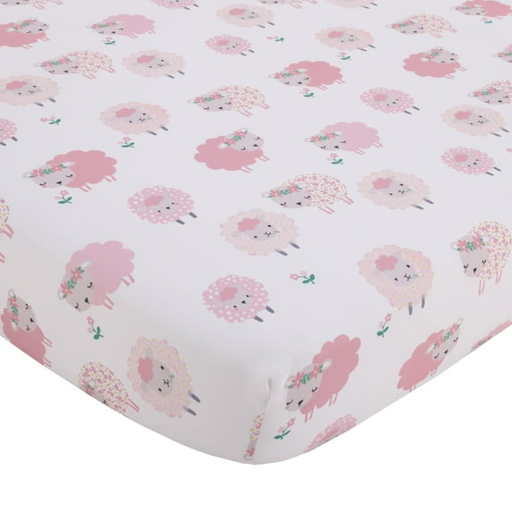 Little Love by NoJo Farm Chic Fitted Crib Sheet, Pink, Grey, Lambs, Infant Girl, Polyester