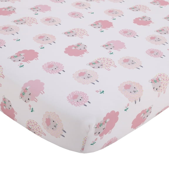 Little Love by NoJo Farm Chic Fitted Crib Sheet, Pink, Grey, Lambs, Infant Girl, Polyester